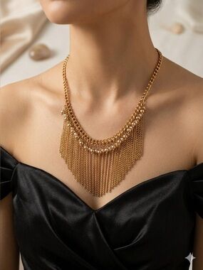 Vintage Gold Fringe Necklace | Waterfall Bib Chain Statement